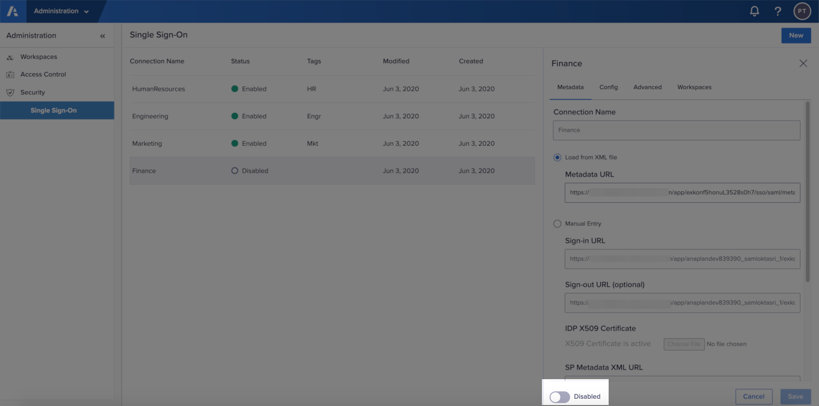 An example of a disabled Single Sign-On connector.  The Finance connector displays in the Metadata tab with the toggle highlighted to show this connector as disabled.