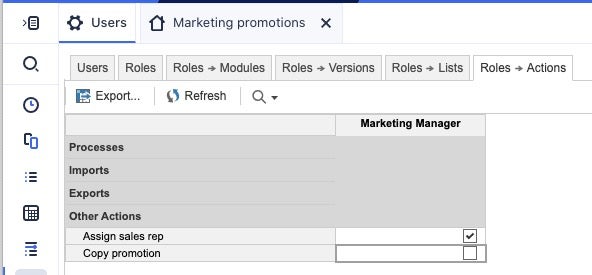 Roles > Actions pane showing for the Marketing Manager role showing the Copy promotion action deselected.
