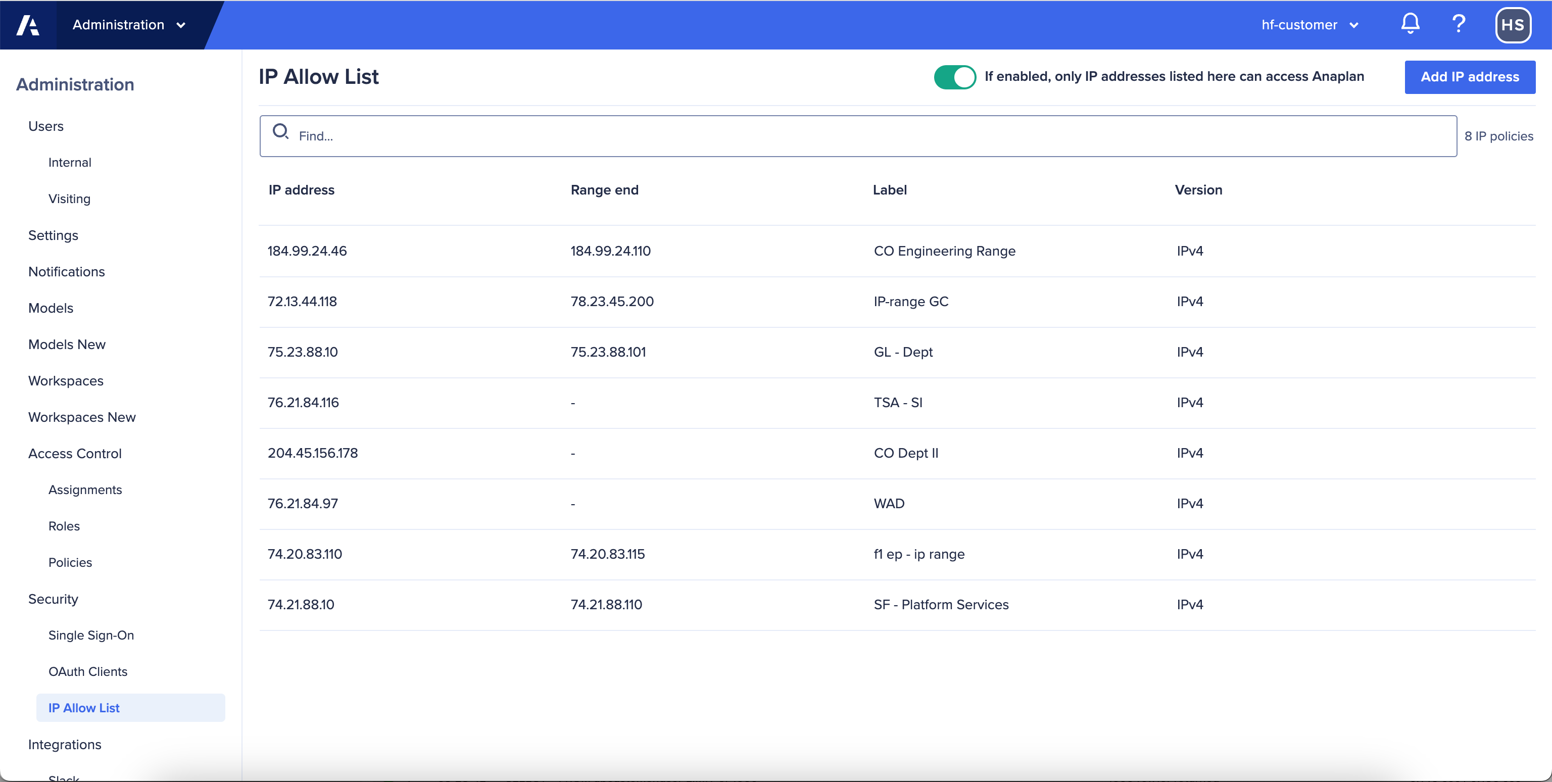 This image shows the IP allow list is enabled.