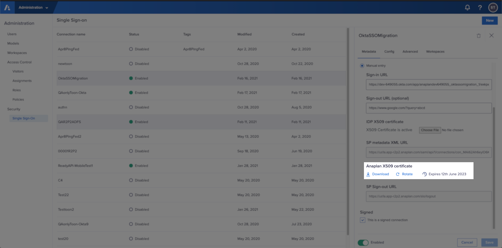 The Metadata tab in Single Sign-on with the Rotate link for Anaplan X509 certificate highlighted.  