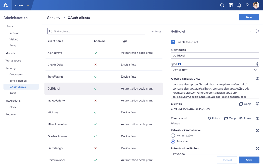 OAuth client security screen.
