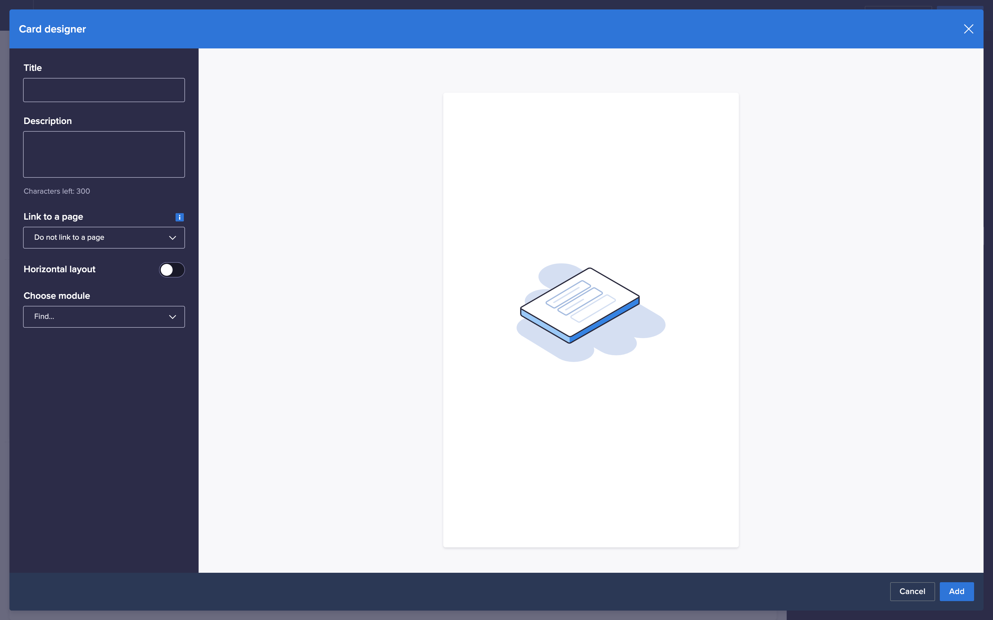 The card designer displays, with a menu panel on the left and a preview of the card on the right. The panel has text fields for Title and Description, a toggle for Horizontal layout, and drop-down menus for Link to a page and Choose module.