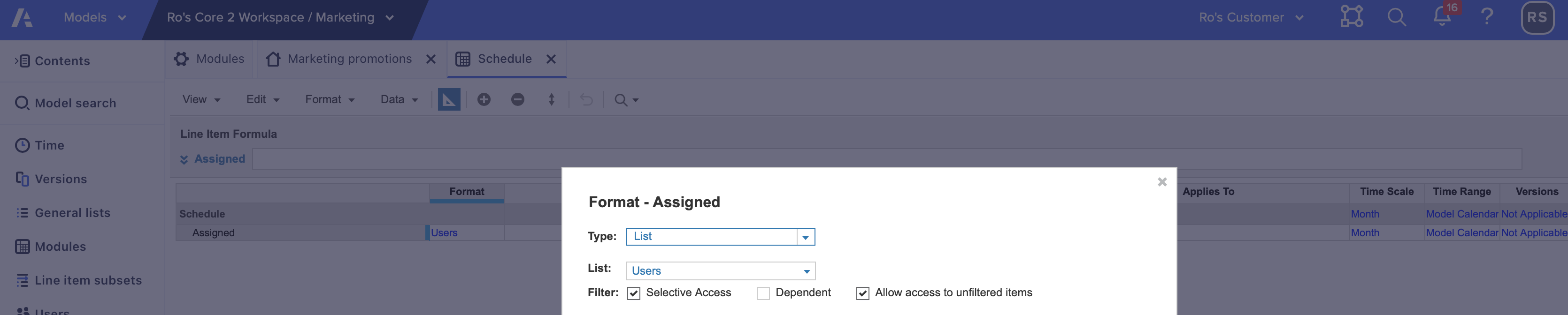 The line item Format dialog with List selected as the Type and Users selected as the list. Selective Access and Allow access to unfiltered items are selected for the Filter options.