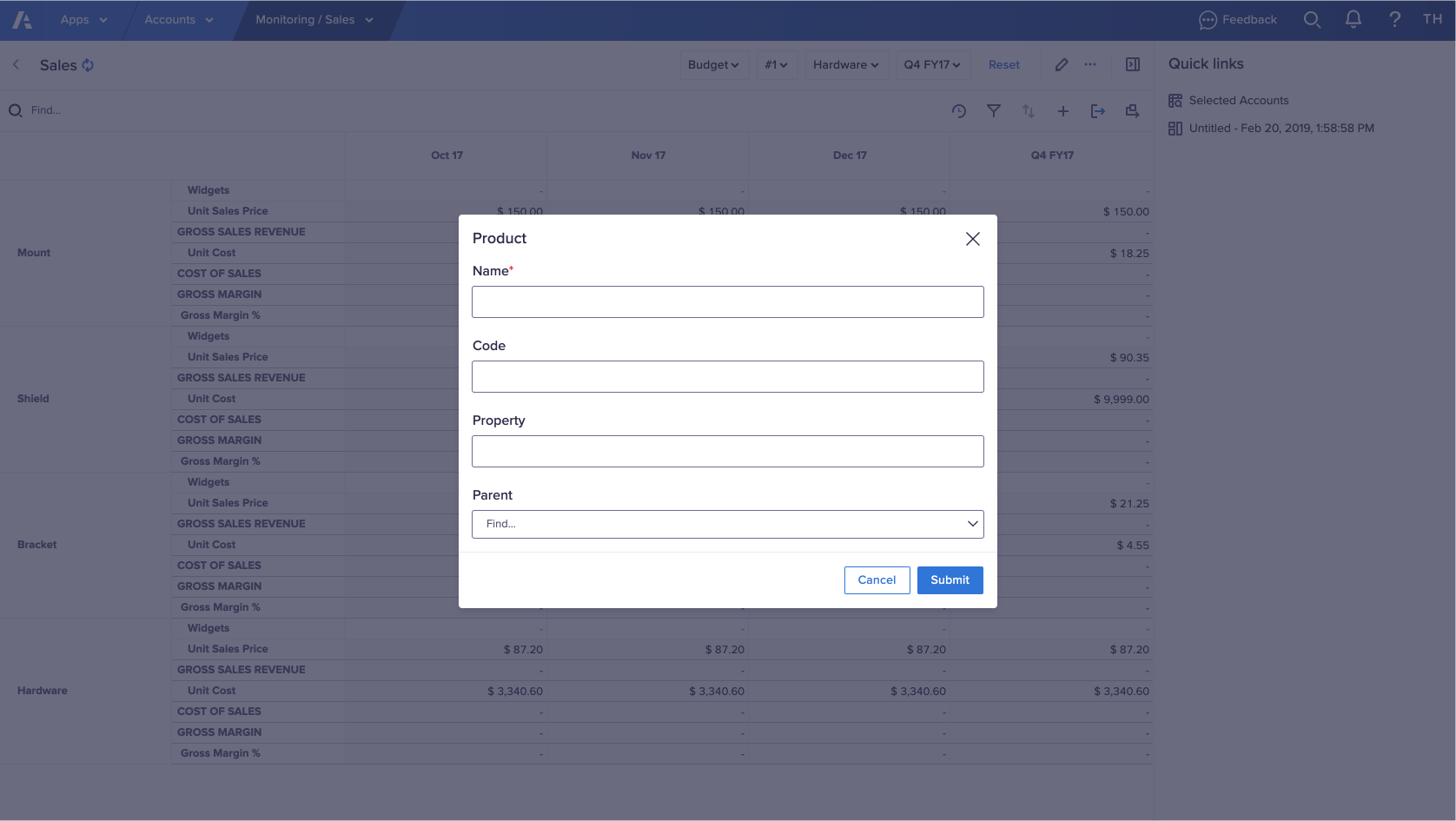 A form dialog displays in the center of the screen, and contains Name, Code, Property, and Parent fields.