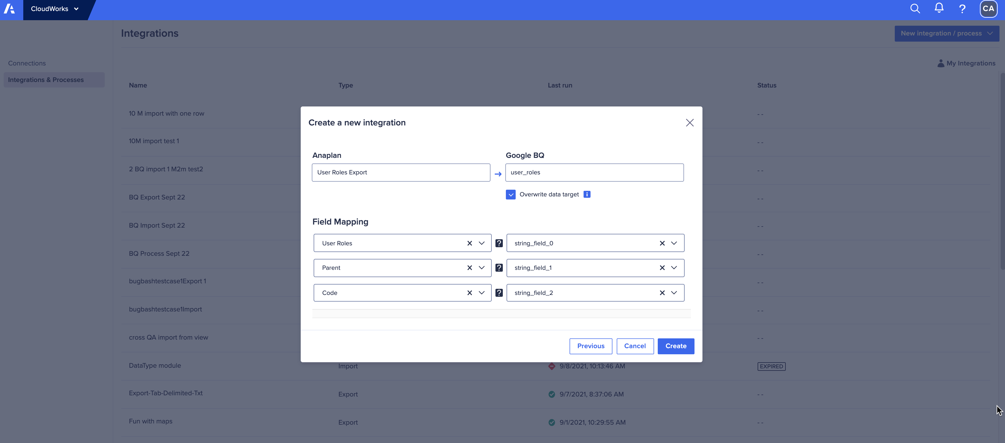 Field mapping dialog for an integration export to a Big Query table.