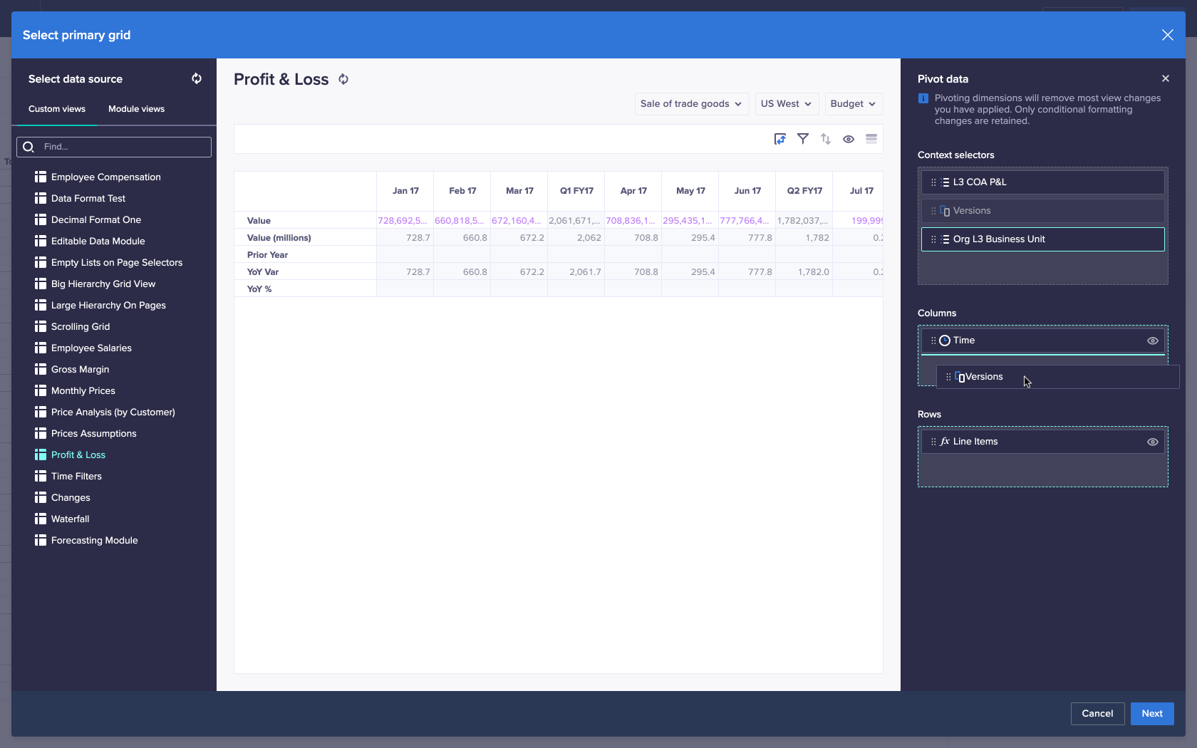 In the Pivot data panel on the right of the screen, the Versions dimension has been clicked and dragged to beneath the Time dimension in the Columns box. As such, a horizontal line displays, which indicates it will be moved to Columns when unclicked.