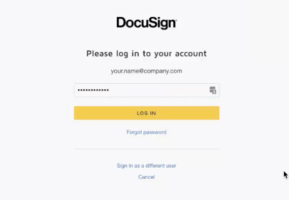 The DocuSign password dialog and Log in button.