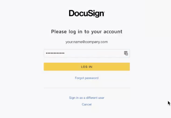 DocuSign のパスワード ダイアログと [ログイン] ボタン。