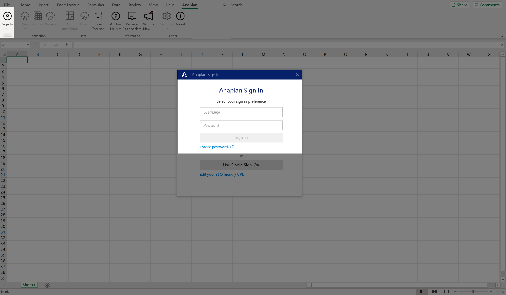Fill in the Username and Password fields to enable the Sign In button.