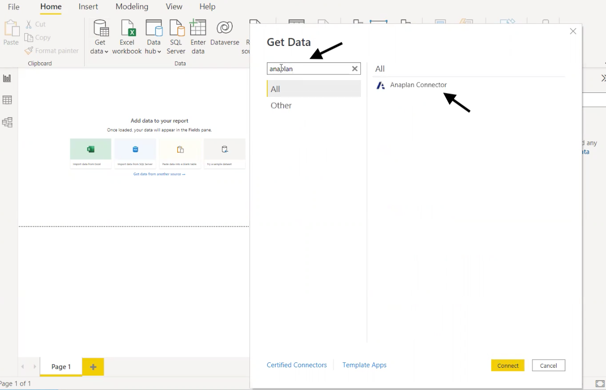 The Get Data dialogue in Power BI Desktop. Two arrows indicate how to find and select the Anaplan Connector.