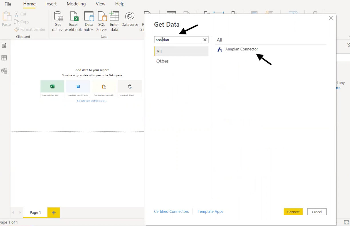 Power BI Desktop の [Get Data] ダイアログ。二つの矢印が Anaplan コネクターの見つけ方と選択方法を示しています。