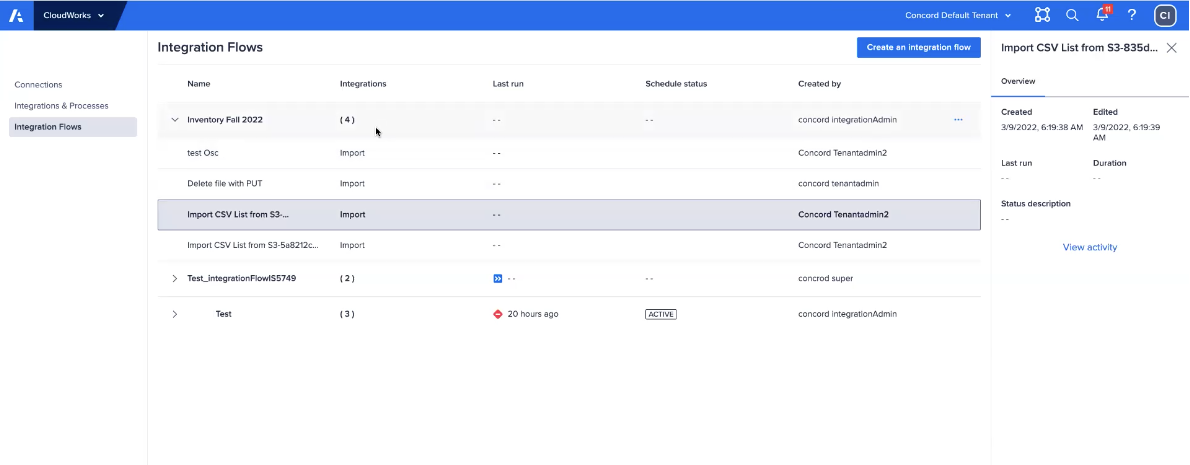 An integration flow list with the expanded menu for an integration called Inventory Fall 2022.