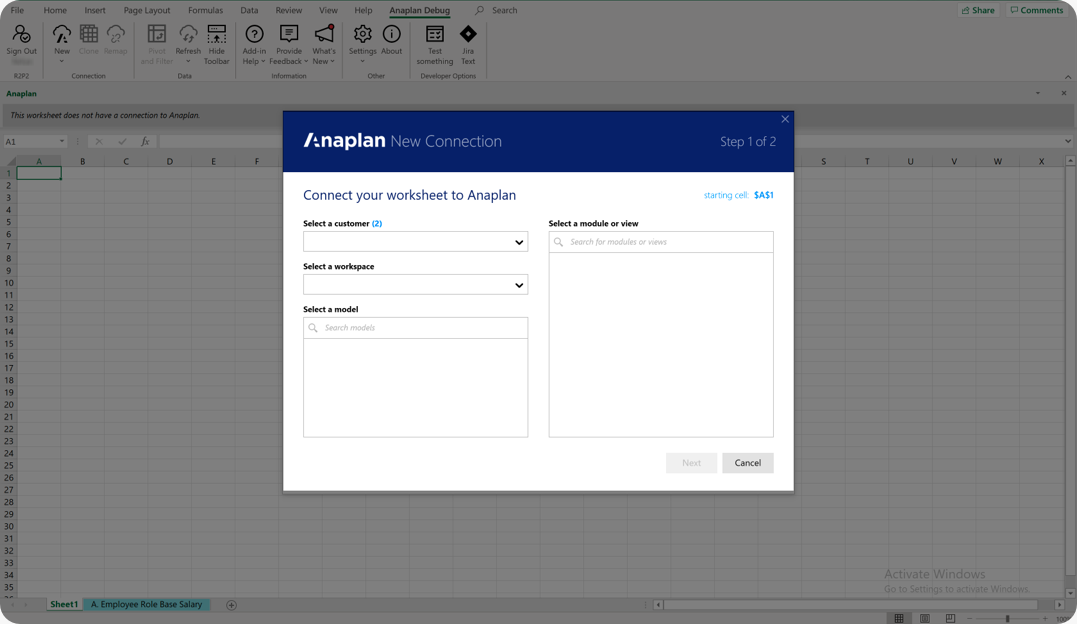 Use the New Connection dialog to connect to an Anaplan module or saved view.
