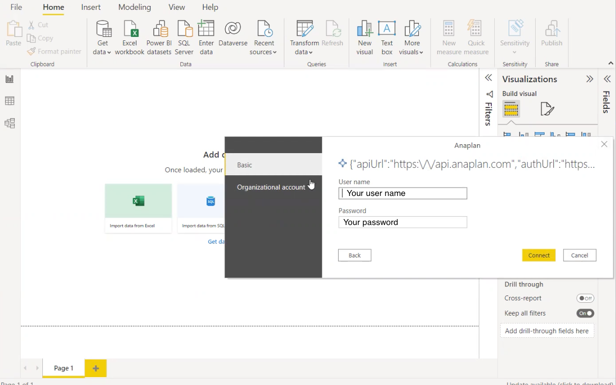 The Anaplan Connect dialog. Here you enter your User name and Password.