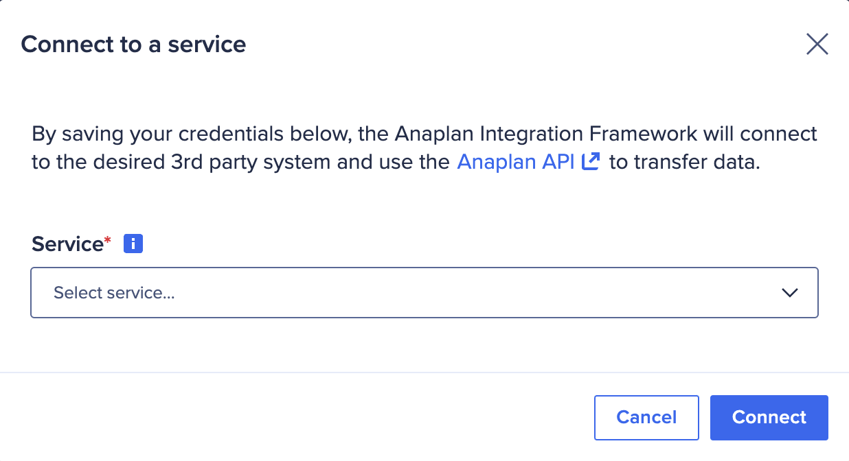 The Connect to a service dialog. The dropdown choices are Amazon S3, Azure Blob,Google BigQuery, PlanIQ, Salesforce and Predictive Insights.