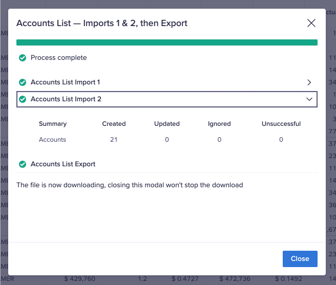 An example of the dialog that appears after a process action. This process action contains two imports and an export. The title of the second import has been selected, revealing the results of the import.