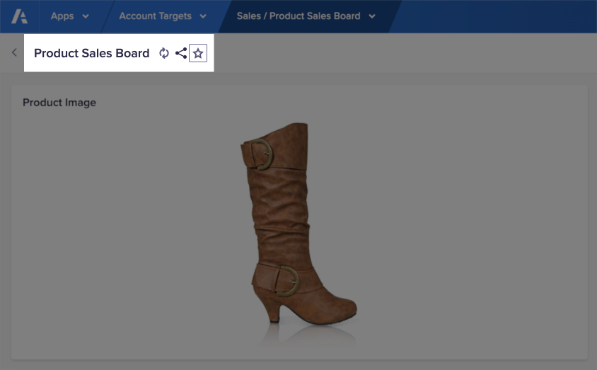 Top-left of Product Sales Board. A star icon displays on the right of the board title. It displays inside a square to denote it has been selected.