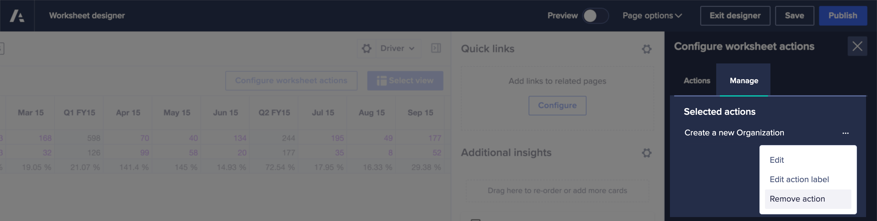 In the Configure worksheet actions panel, the Manage tab is active, and the dropdown menu for a form action is activated, showing options: Edit, Edit action label, and Remove action.