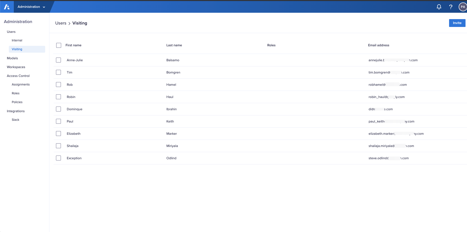 The Users > Visiting interface in the Administration console.  A list of visiting users displays with names, roles, and email addresses.