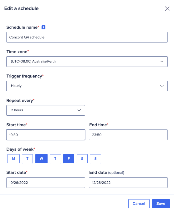 Dialog to edit a schedule. This shows field entries and dropdown menus.