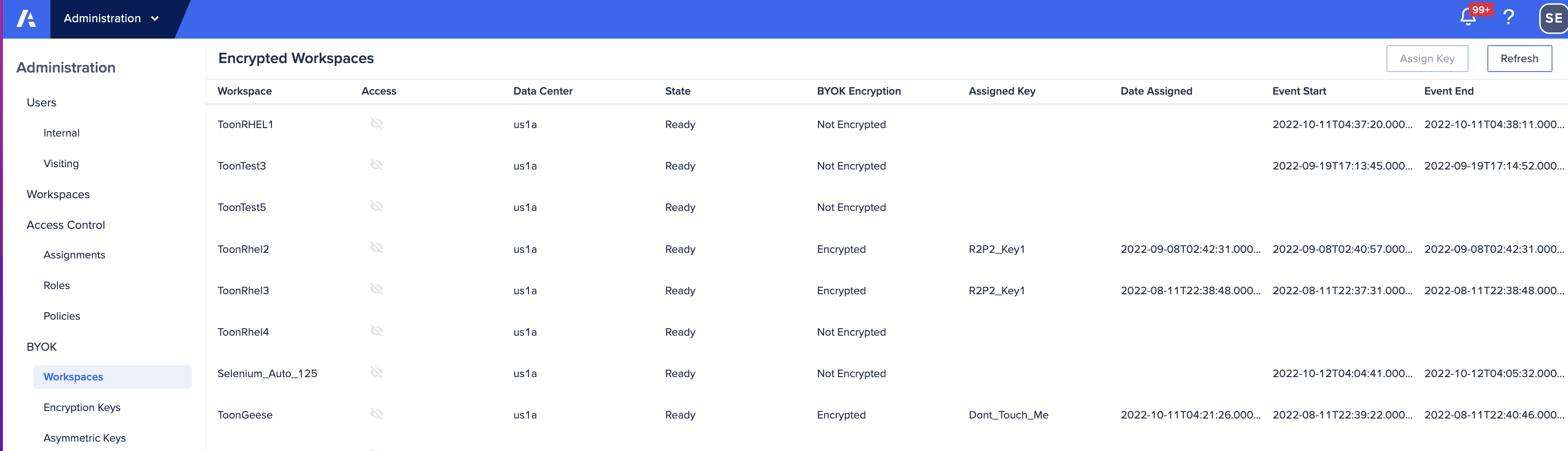 [BYOK] と [ワークスペース] が選択されている Anaplan メニュー。