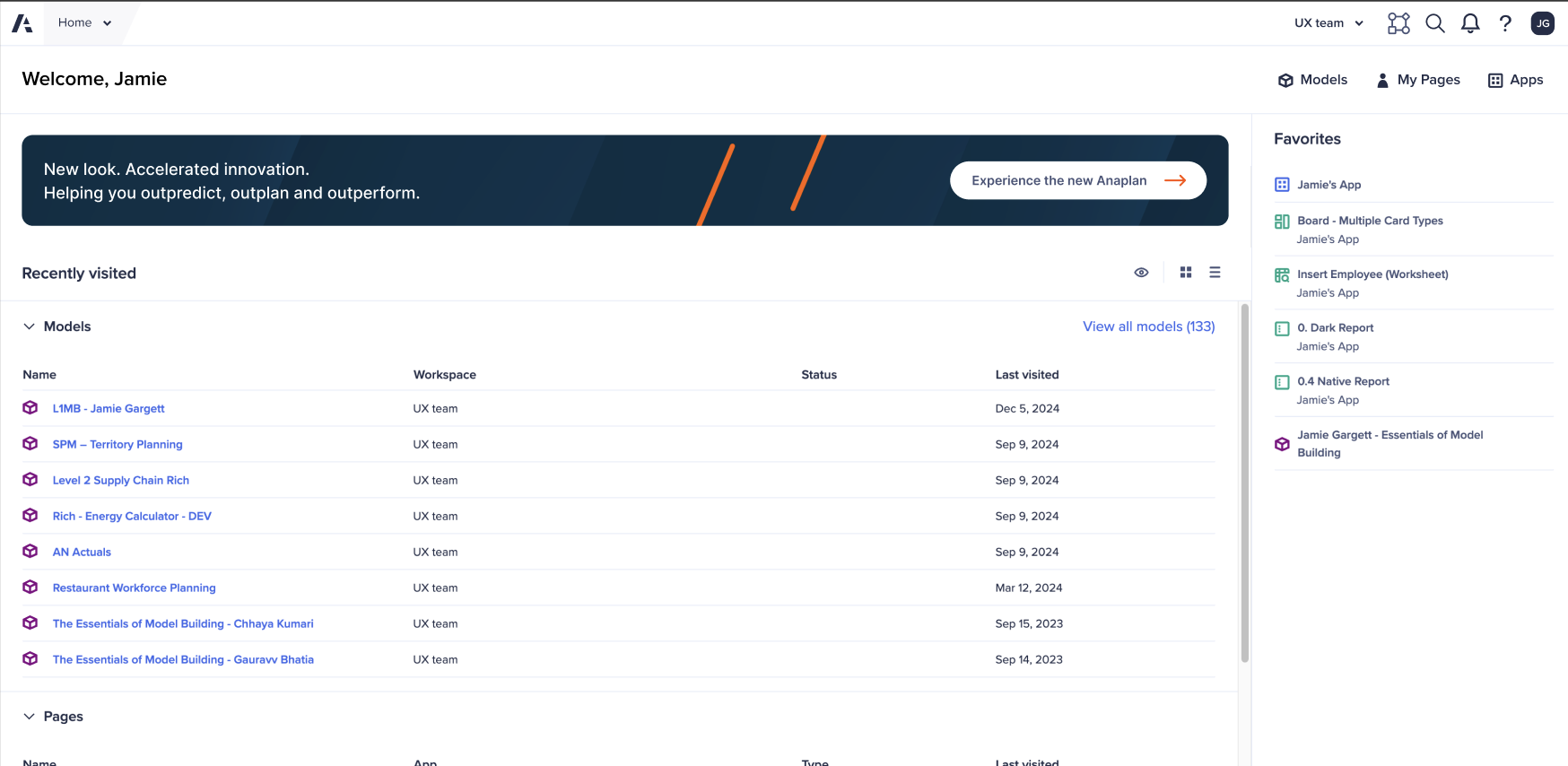 This image shows the Anaplan Home screen. The Home screen displays links to models. The Favorites panel displays on the right side of the screen.