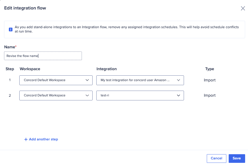 The edit integration flow dialog. Steps, workspaces and integrations display. 