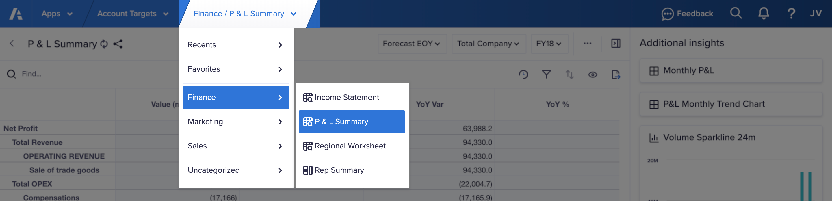 The last entry of the navigation toolbar is selected and shows page categories. Selecting a page category shows a list of the selectable pages within.