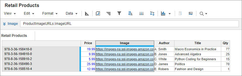 製品 ID 番号が行に、製品の詳細が列にある「Retail Products」モジュール。「Image」列が選択されており、画像 URL が含まれています。