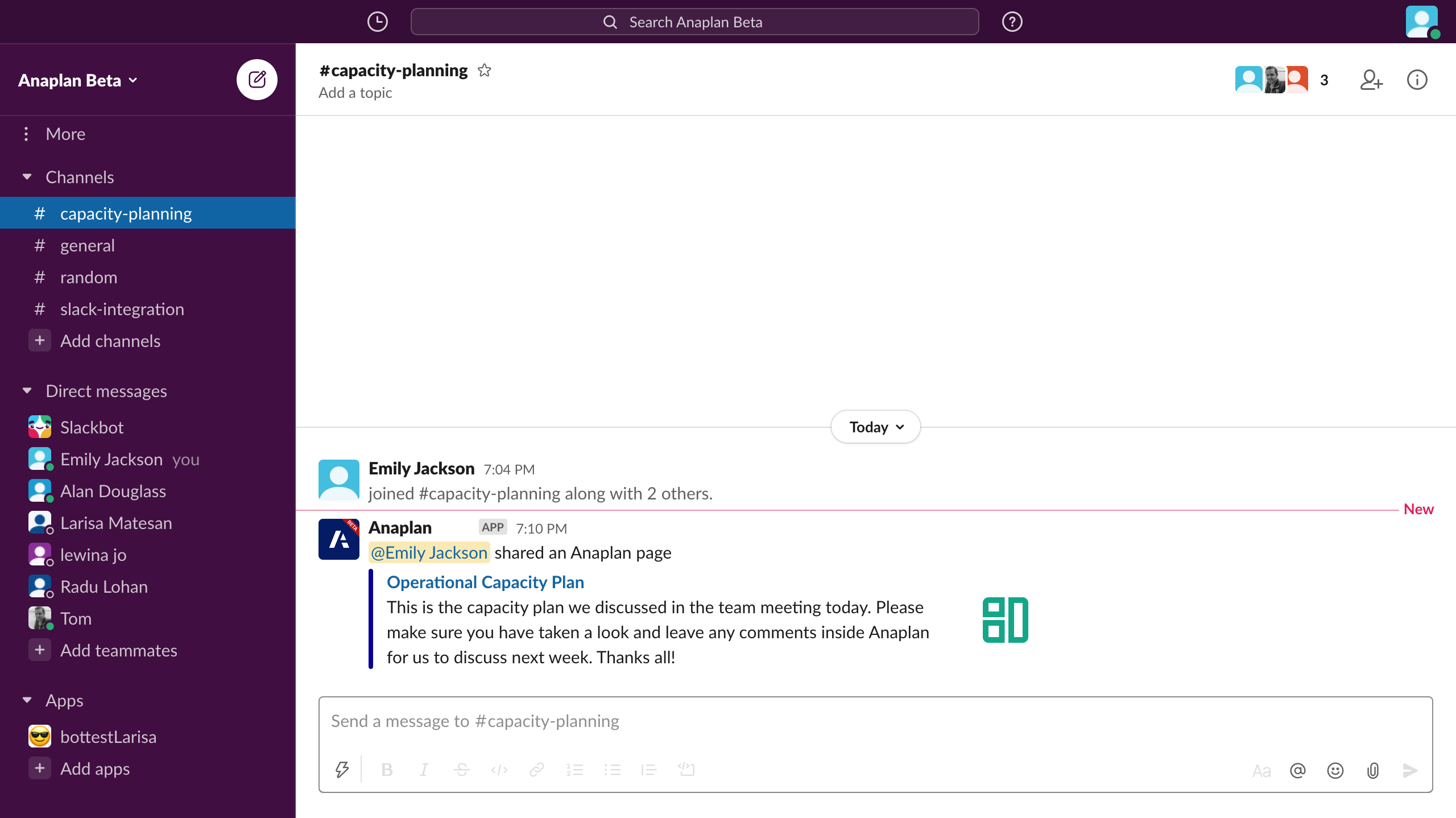 The selected Slack channel is displaying the shared Anaplan page.