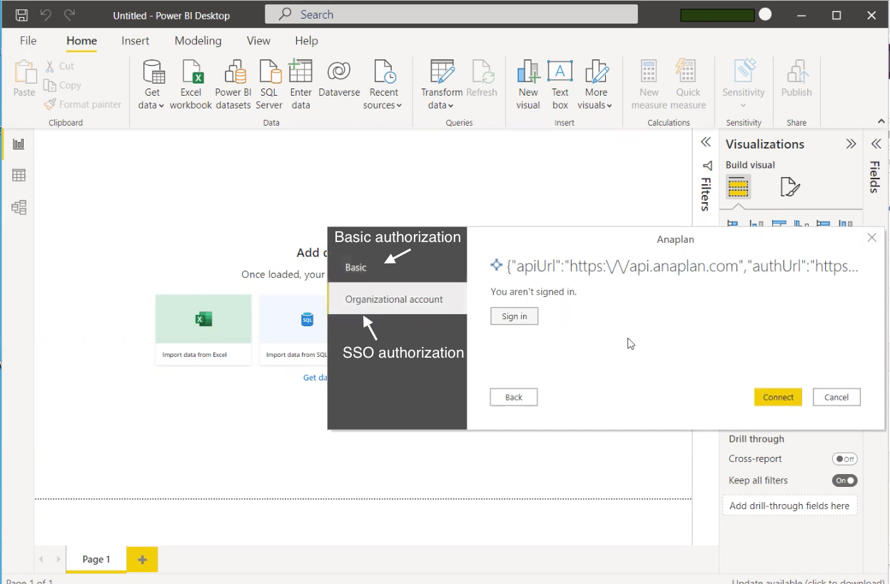 Anaplan authentication dialog. Arrows show Basic or Organizational account (SSO) menu choices.