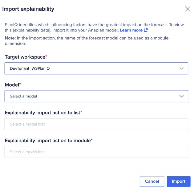 The Import explainability dialog with dropdown and fill-in menus.