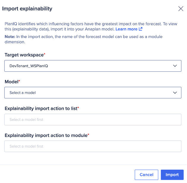 ドロップダウン メニューと入力メニューがある [Import explainability] ダイアログ。