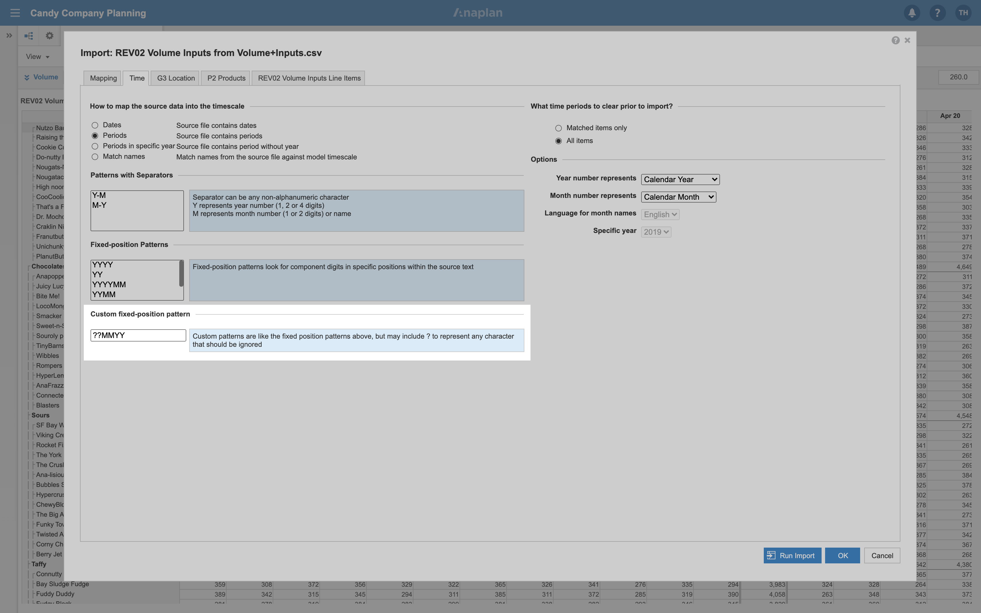 The Time tab within the Import dialog. The Custom fixed-position pattern section at the bottom of the dialog is highlighted.