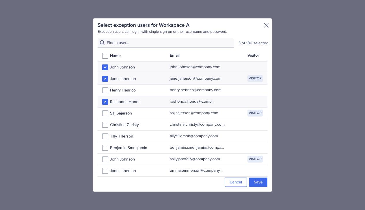 This image shows how to assign exception users for a workspace assign to an SSO connection.