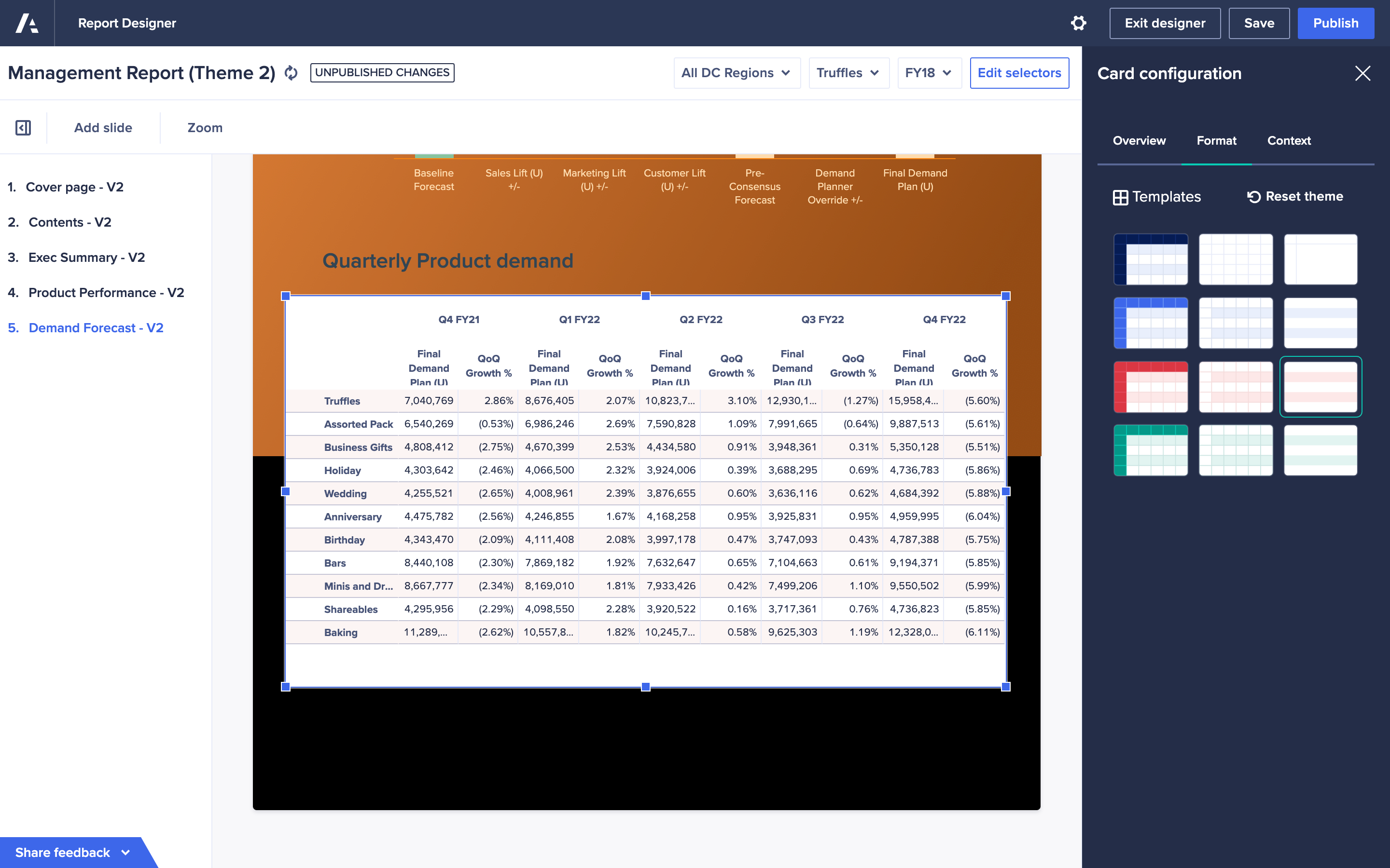 A page builder selects a table card theme.