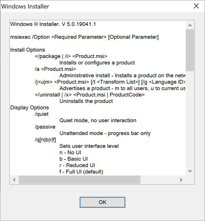 The Windows Installer dialog that provides a list of command line installation options.