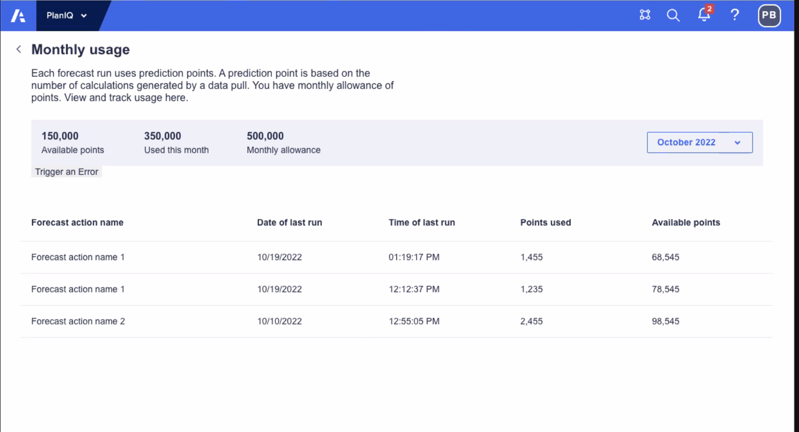 Monthly usage within PlanIQ. This screen example is for October 2022.