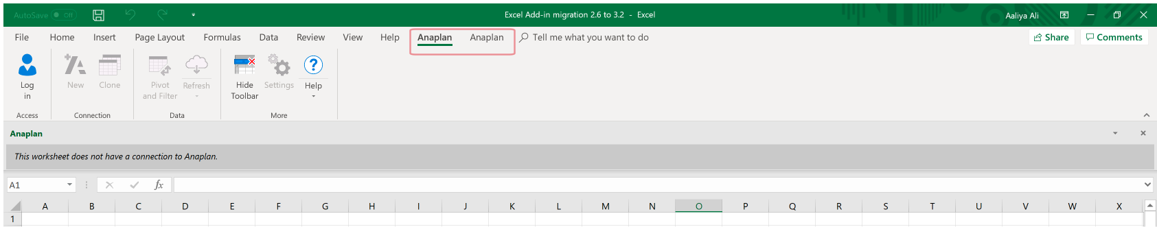 The selected Anaplan tab in this image is for Excel Add-in version 3.2 and displays version 3.2's ribbon. The unselected Anaplan tab is for Excel Add-in version 2.6.
