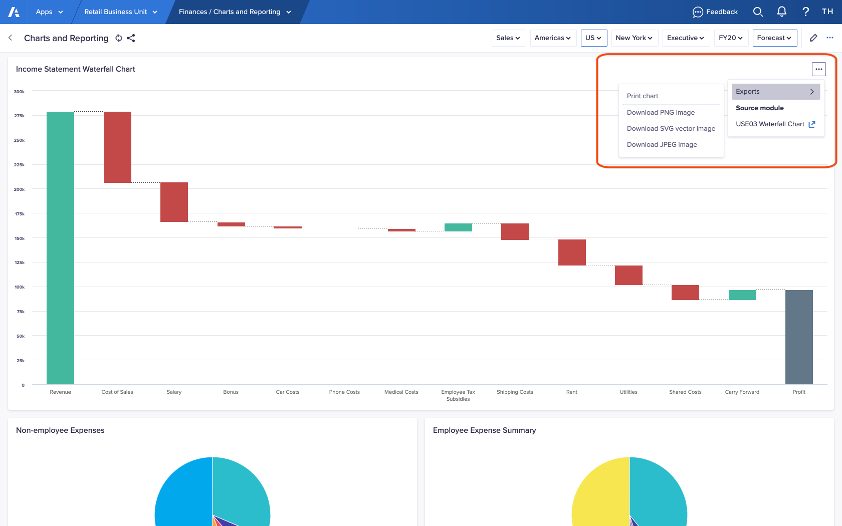 A waterfall chart card on a board. The ellipsis in the top-right of the card has been clicked, and the user is hovering their mouse pointer over Exports. This means the options to export the chart card as an image display.