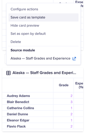 A worksheet in designer mode. Menu options display above a card. The Save card as template option is selected.