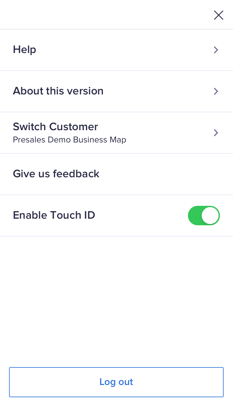 Mobile menu screen with the Enable Touch ID option toggled right. This means Touch ID is enabled.