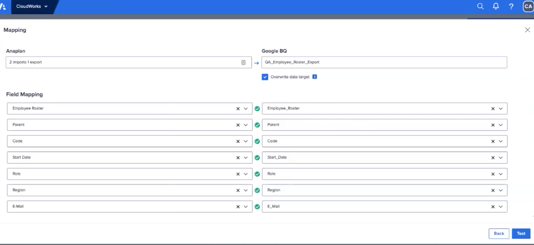 エクスポートが読み込みの一部になっている、BigQuery のマッピング ダイアログ。