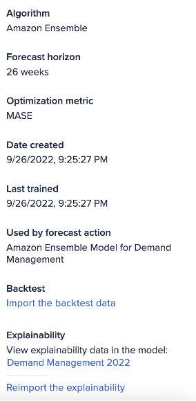 説明可能性のインポートが表示されている右側のパネル。こちらの例では「Demand Management 2022」という名前になっています。