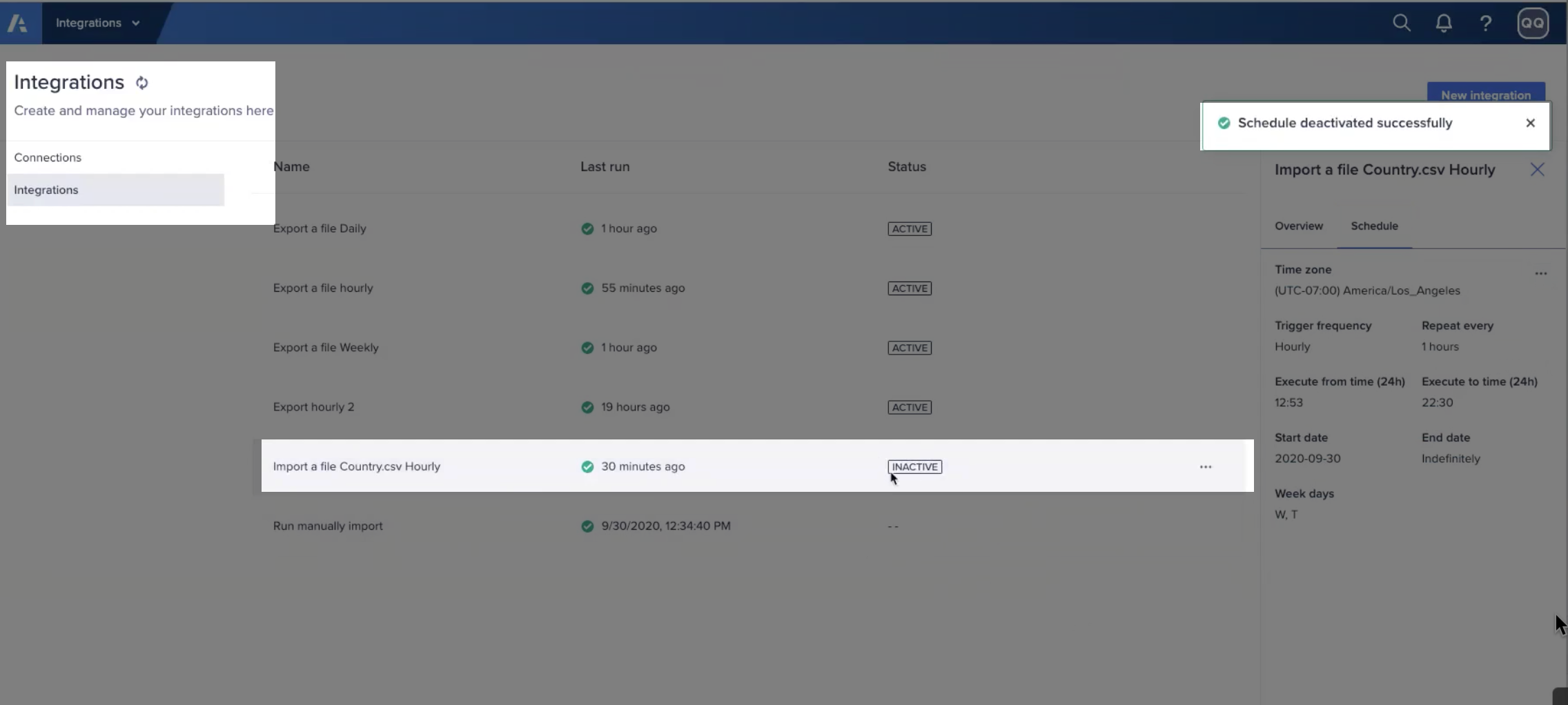 Deactivate integration schedule success message.