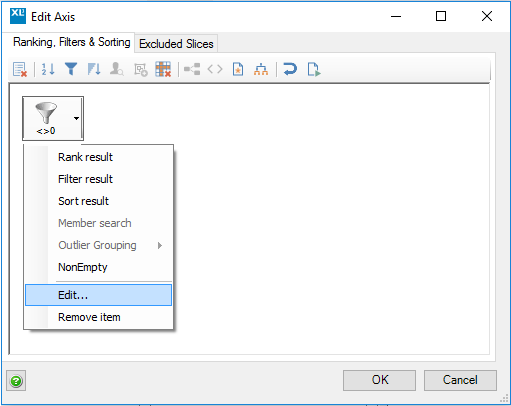 A filter within the Axis Designer. Edit is selected in the menu.