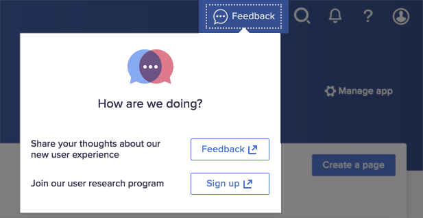 The How are we doing? dialog. The dialog displays two options: Feedback and Sign up.