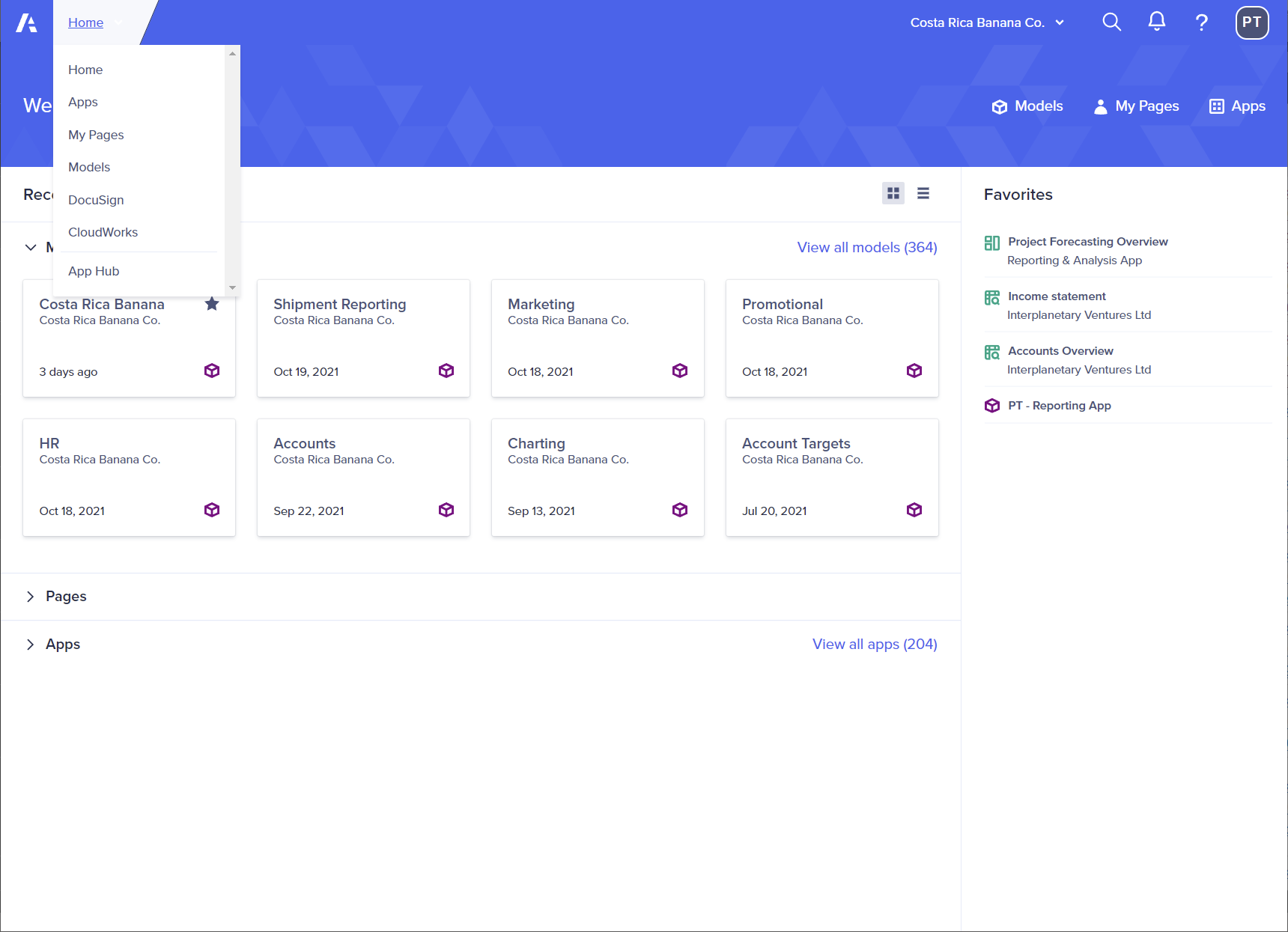 Anaplan のホーム ページの右上にアプリケーションを開くためのメニューが表示されています。