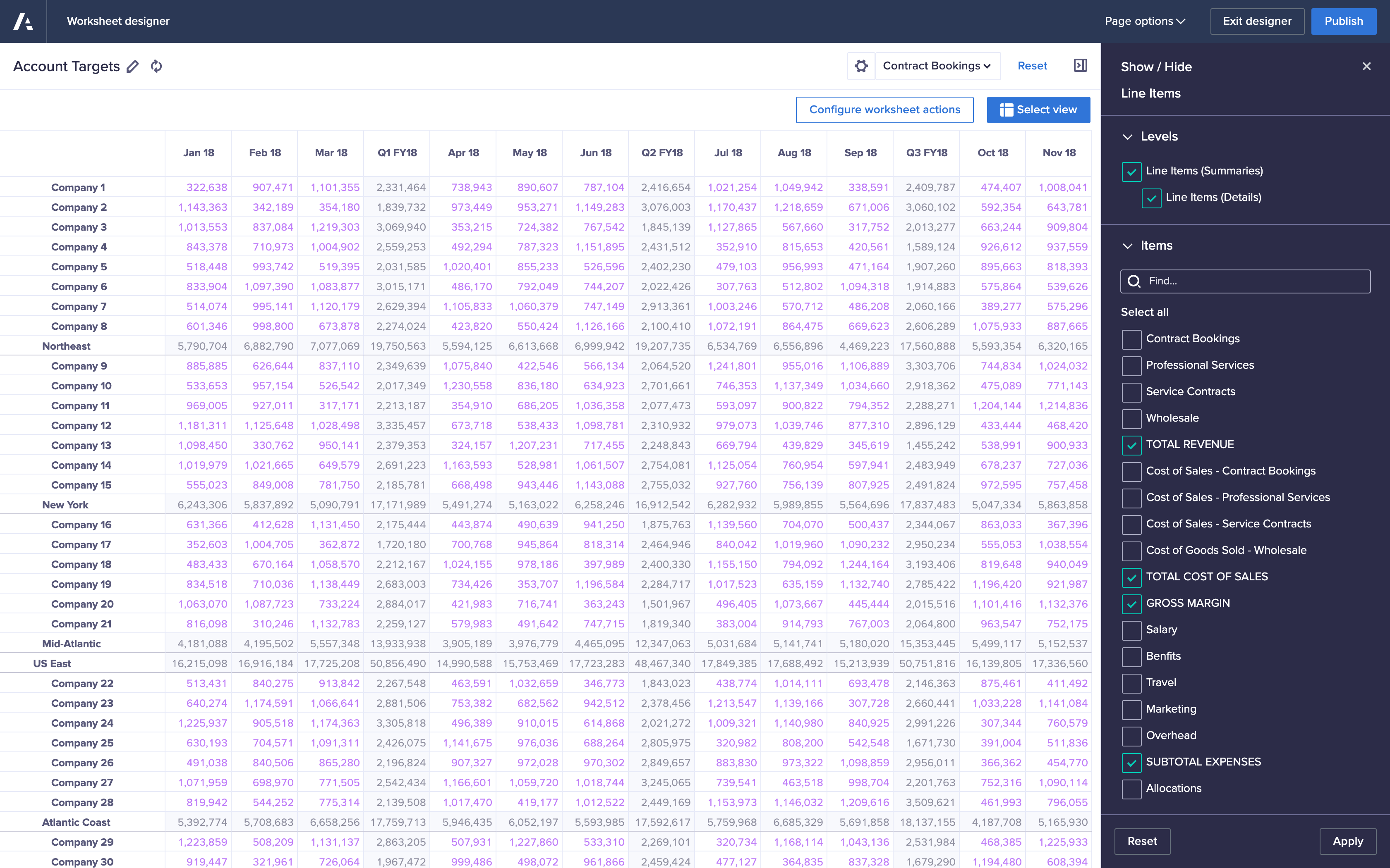 The Show / Hide panel that can be accessed through the context selector cog menu displays on the right of the screen. Several selections have been made under the Items heading.