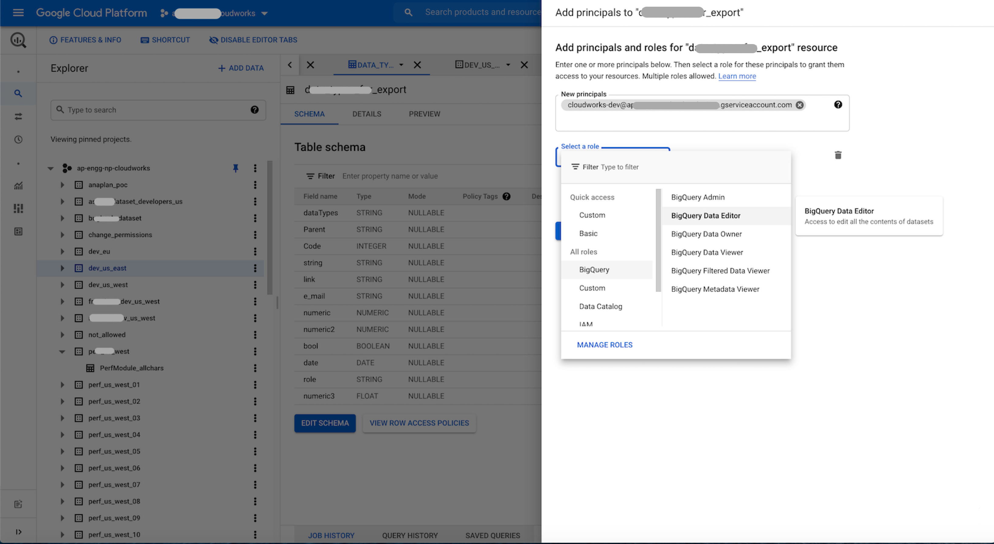 Dataset permission dropdown in the BigQuery console with Dataset Editor selected.